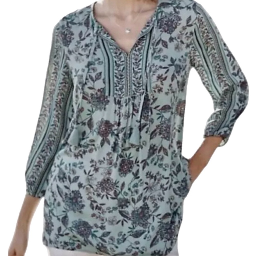 J. Jill Gauzy Floral Boho Peasant Ashbury Tunic Top Blouse XL Canal Blue Airy